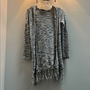Gray Fringe Open-Front Sweater